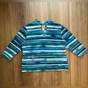 Blue Stripe Ruby Rd. V-Neck Three-Quarter-Sleeve Top with Embellishments